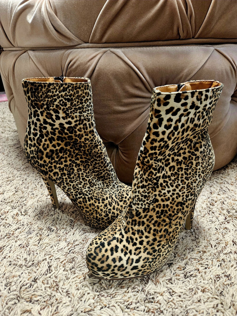 Faux Suede Leopard Print Ankle Booties - Women's High Heel Boots